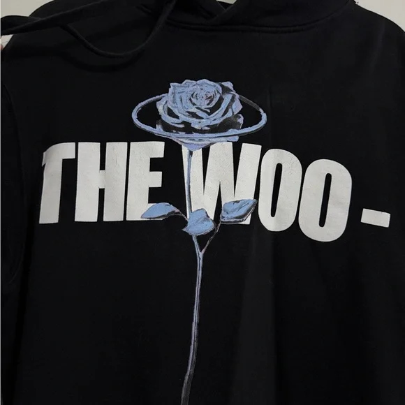VLone Pop Smoke Collab Black Hoodie with Blue Rose Graphic